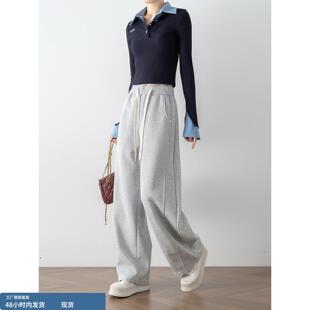 小个子超好看的裤子女款2026春季新款浅灰色高腰休闲裤直筒阔腿裤