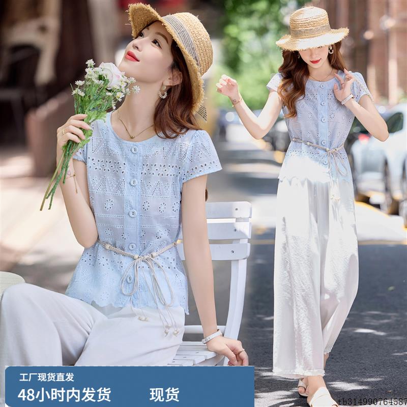 欧货高端时尚套装女2025夏季新款设计感气质镂空衬衫阔腿裤两件套