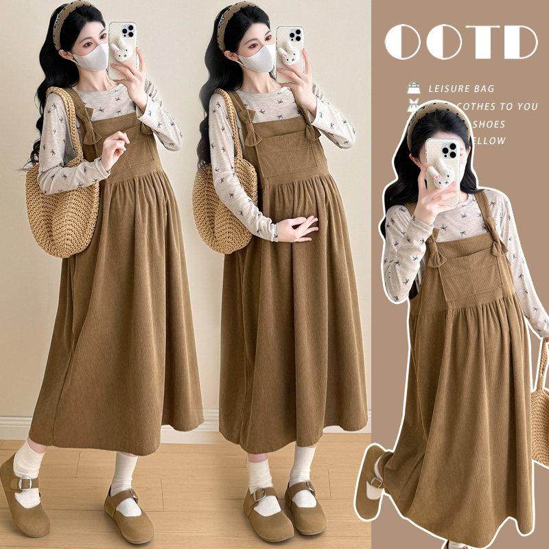 孕妇套装秋冬季新款韩版宽松减龄学院风撞色长袖打底衫法式背带裙