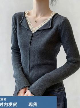 2020冬季温柔韩系风蕾丝V领针织衫女长袖内搭衣灰色毛衣内搭上衣