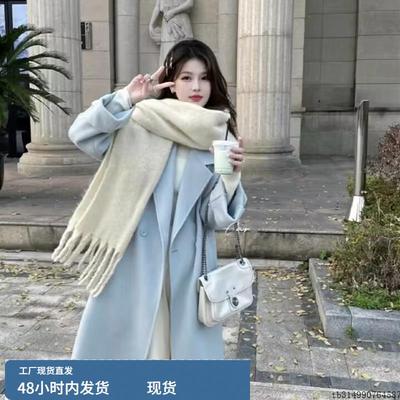 2024新款中长款赫本大衣蓝色冬小个子高级感夹棉温柔呢子外套系带