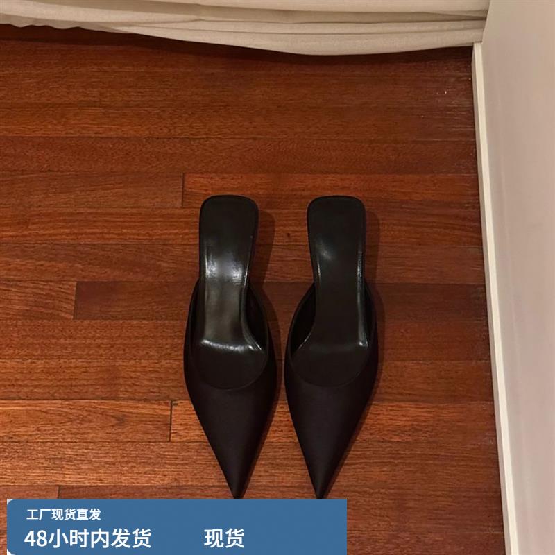 羊皮版~尖头气质高跟凉拖鞋女性感法式包头半拖鞋后空细跟穆勒鞋