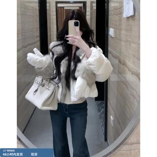 韩系超好看白色毛毛翻领短款棉服棉衣高级感独特漂亮小棉袄2025冬