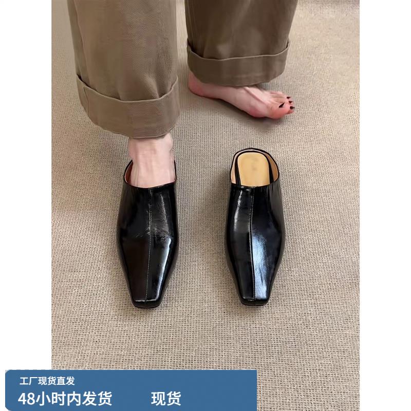 羊皮版~法式设计师款尖头半拖 小众内增高包头拖鞋时装穆勒鞋女