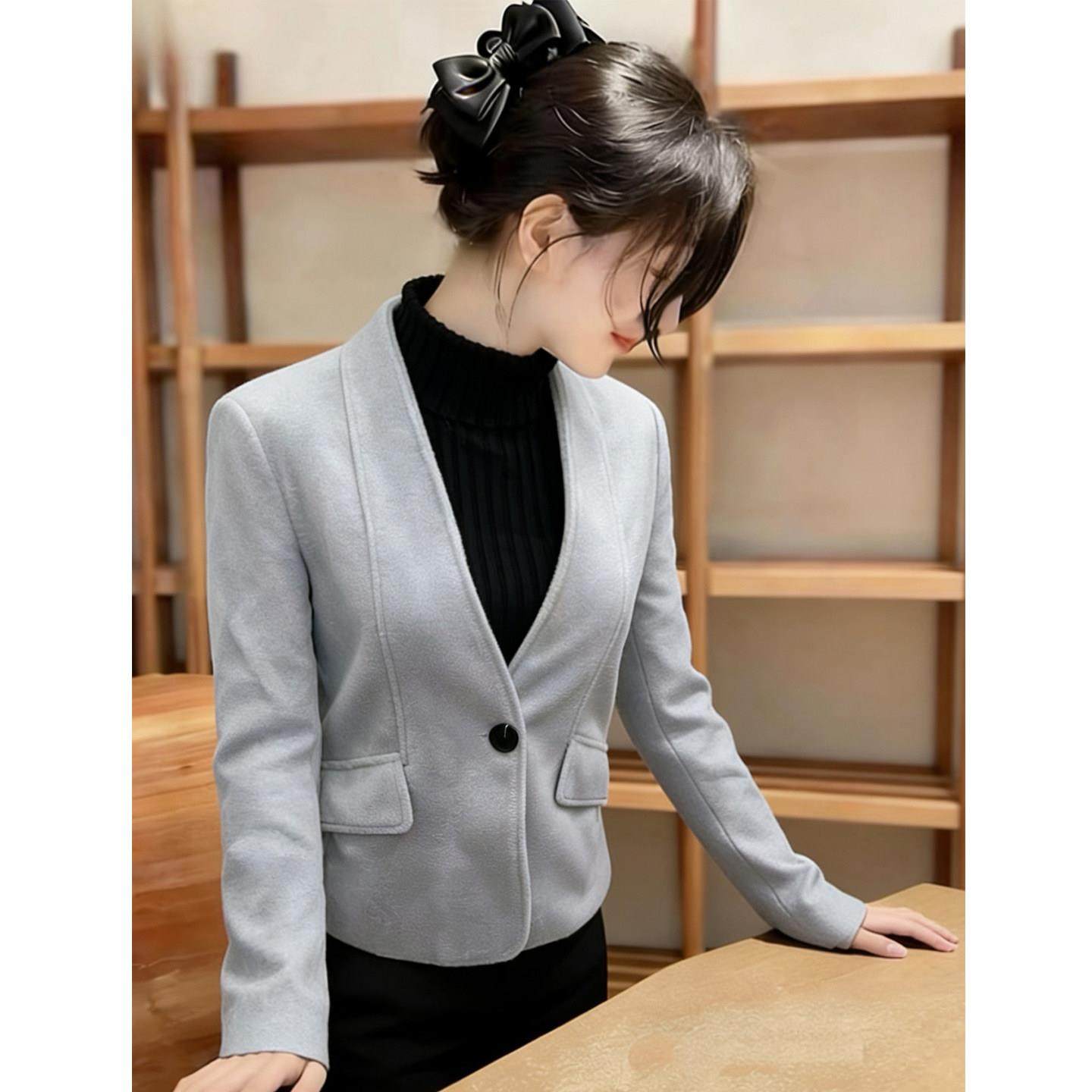 设计感洋气灰色长袖毛呢子外套女秋冬新款小个子减龄百搭短款上衣,运动/瑜伽/健身/球迷用品,广场舞套装,淘宝优惠券,粉丝福利购,淘宝优惠卷