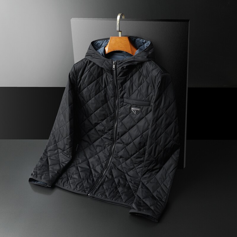 2025秋冬男士菱格修身连帽棉衣外套棉服6015-31143-P210黑底,男装棉衣,钱塘6015（原D203）