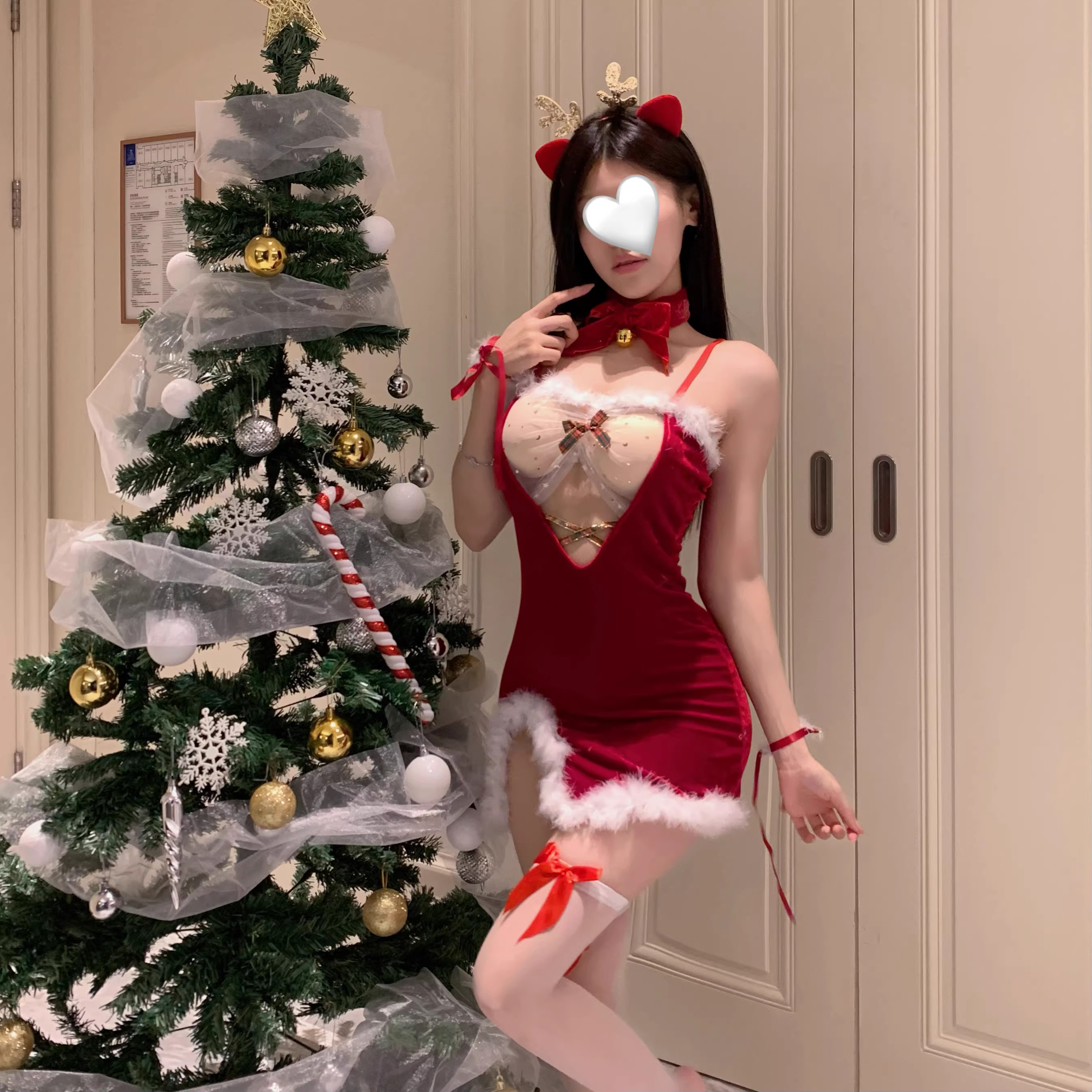 圣诞新年红色制服性感吊带连衣裙女士纯欲风辣妹超短裙约会战袍
