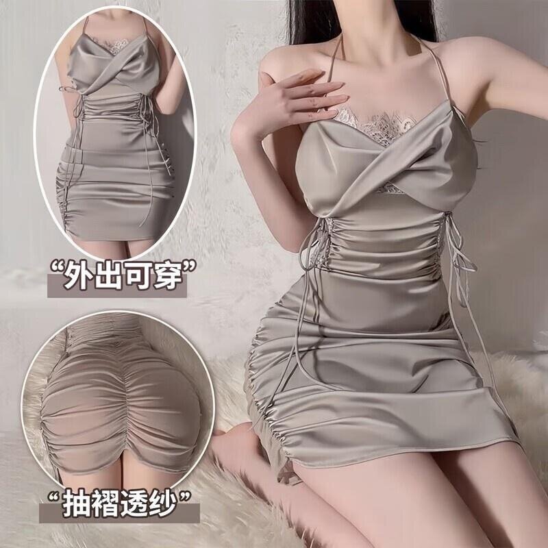 性感钢圈小胸显大聚拢带胸垫睡衣女款冰丝吊带睡裙蕾丝大码睡袍装