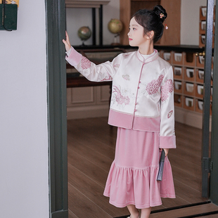 80779女童国风汉服外套粉色丝绒半身裙秋装新款古风新中式儿童装