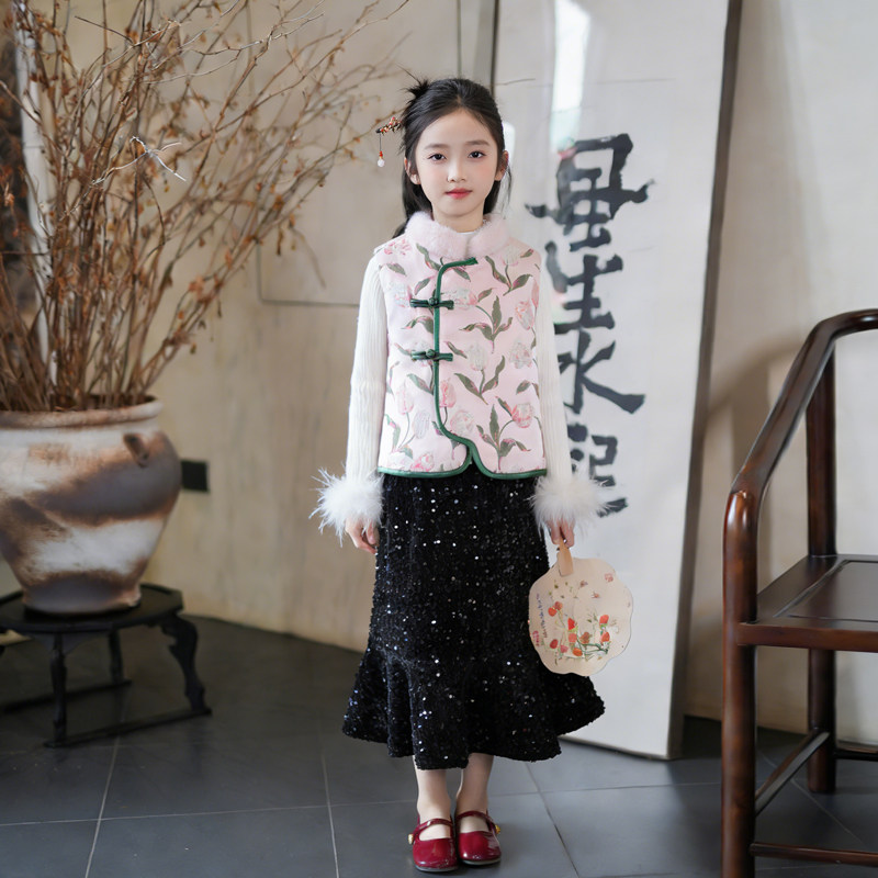 0769965女童新中式马甲汉服粉色提花背心2026新款春季儿童拜年服,童装/婴儿装/亲子装,汉服,淘宝优惠券,粉丝福利购,淘宝优惠卷