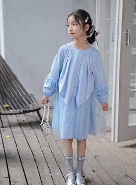 80790女童连衣裙蓝色温柔风网纱裙子2025秋季新款洋气甜美公主裙