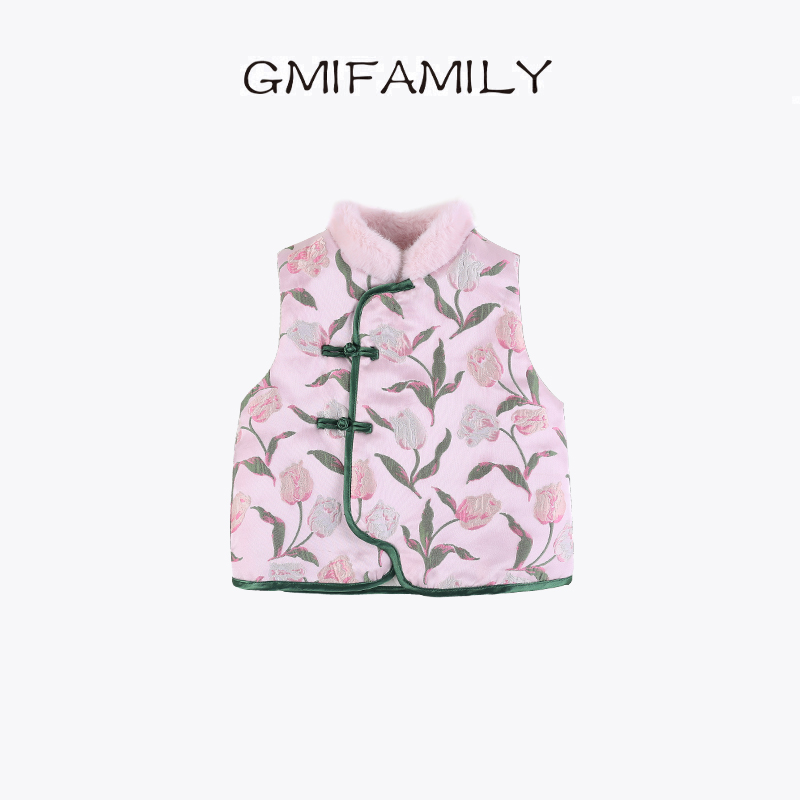 0769965女童汉服马甲2025冬季新款中大童拜年服粉色提花坎肩背心