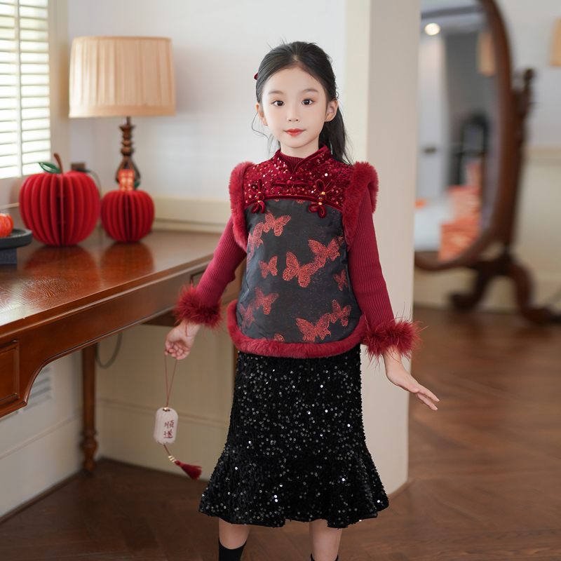 80532女童拜年服儿童马甲新中式国风背心25年冬款汉服唐装过年服