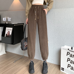 灯芯绒运动裤女宽松束脚裤2023新款春秋小个子哈伦阔腿休闲卫裤子