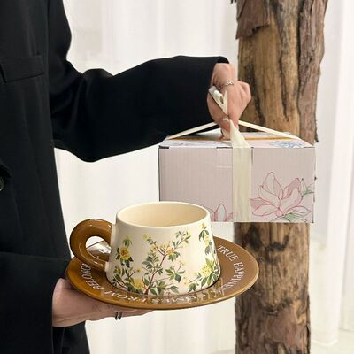 Vintage original design osmanthus coffee cup and plate set, contrasting color latte, afternoon tea, ceramic cup, high-e