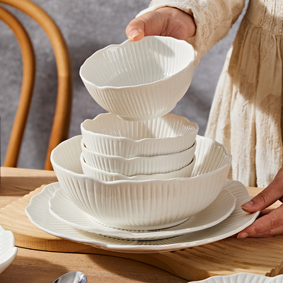 Pure white high-end tableware, white ceramic rice bowl, soup bowl, plate, household salad bowl tableware set, bowl and