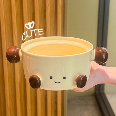 Cute and cute, fat feet, two ear instant noodles bowl with cover, large capacity ceramic Luosifen bowl, personal microw