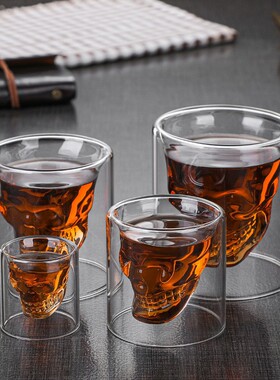 空盒子双层西式玻璃杯创意酒吧杯子透明隔热水杯骷髅杯啤酒杯玻璃