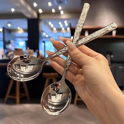 Stainless steel spoon, stone patterned spoon, restaurant dining spoon, Korean style long handled drinking spoon, soup s