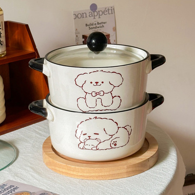 Korean cute dog instant noodles bowl with cover ceramic double ear soup bowl household Luosifen bowl salad fruit bowl