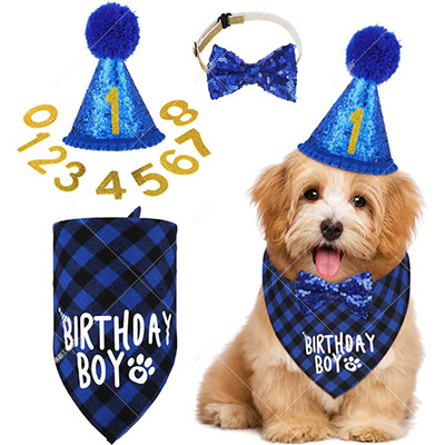 Pet birthday party set, birthday drool towel decoration, fur ball hat, tie decoration, dog birthday decoration