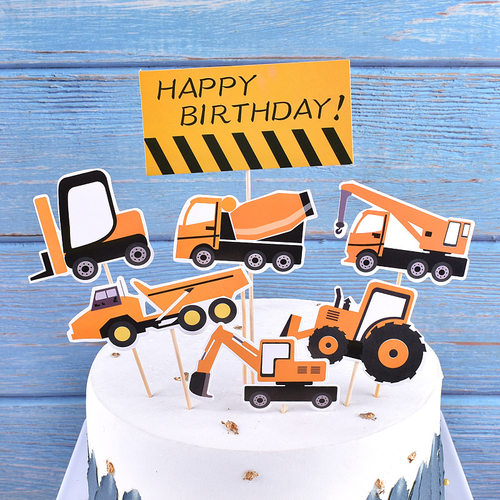 Children's Cake Decoration Engineering Vehicle Excavator Birthday Cake Plaque Roadblock Traffic Sign Baking Plugin