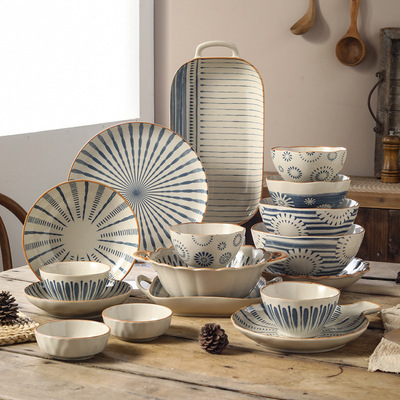 New Blue Charm Ceramic Tableware Underglaze Color Japanese Simple Line Bowl and Dish Plate Home Creative Fruit Plate