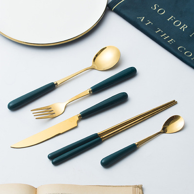 Nordic Creative Ceramic Fruit Fork, Coffee Spoon, Stainless Steel Tableware, Mooncake Knife, Fork, Dark Green Steak Kni