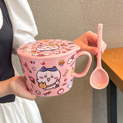 Cute Usaki small eight ceramic instant noodles cup with cover tableware for student dormitory Large capacity Luosifen b