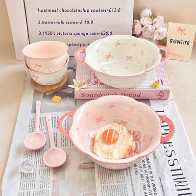 Bow shaped double ear soup bowl Large household 2025 ceramic instant noodles bowl Large capacity soup bowl Luosifen bowl