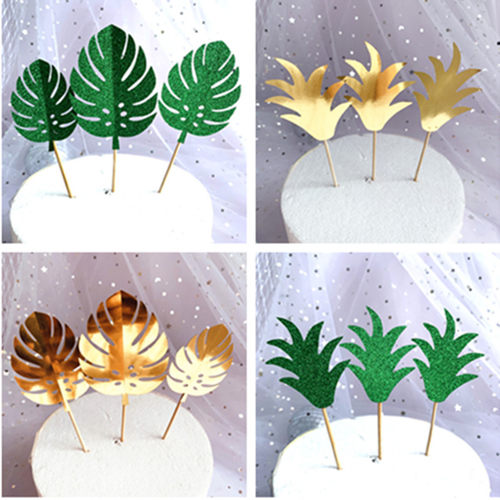 Baking cake decoration glitter green shiny gold paper pineapple leaf turtle back leaf cake decoration card set plugin