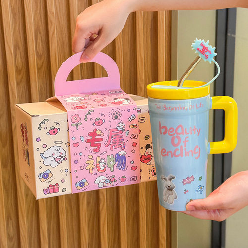 Cute large capacity straw water cup for women with high looks, ceramic mug for giving to girlfriends as a birthday gift
