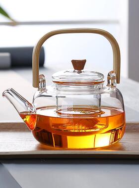 空盒子竹把提梁高硼硅玻璃花茶壶 家用可电陶炉煮茶烧水壶大容量