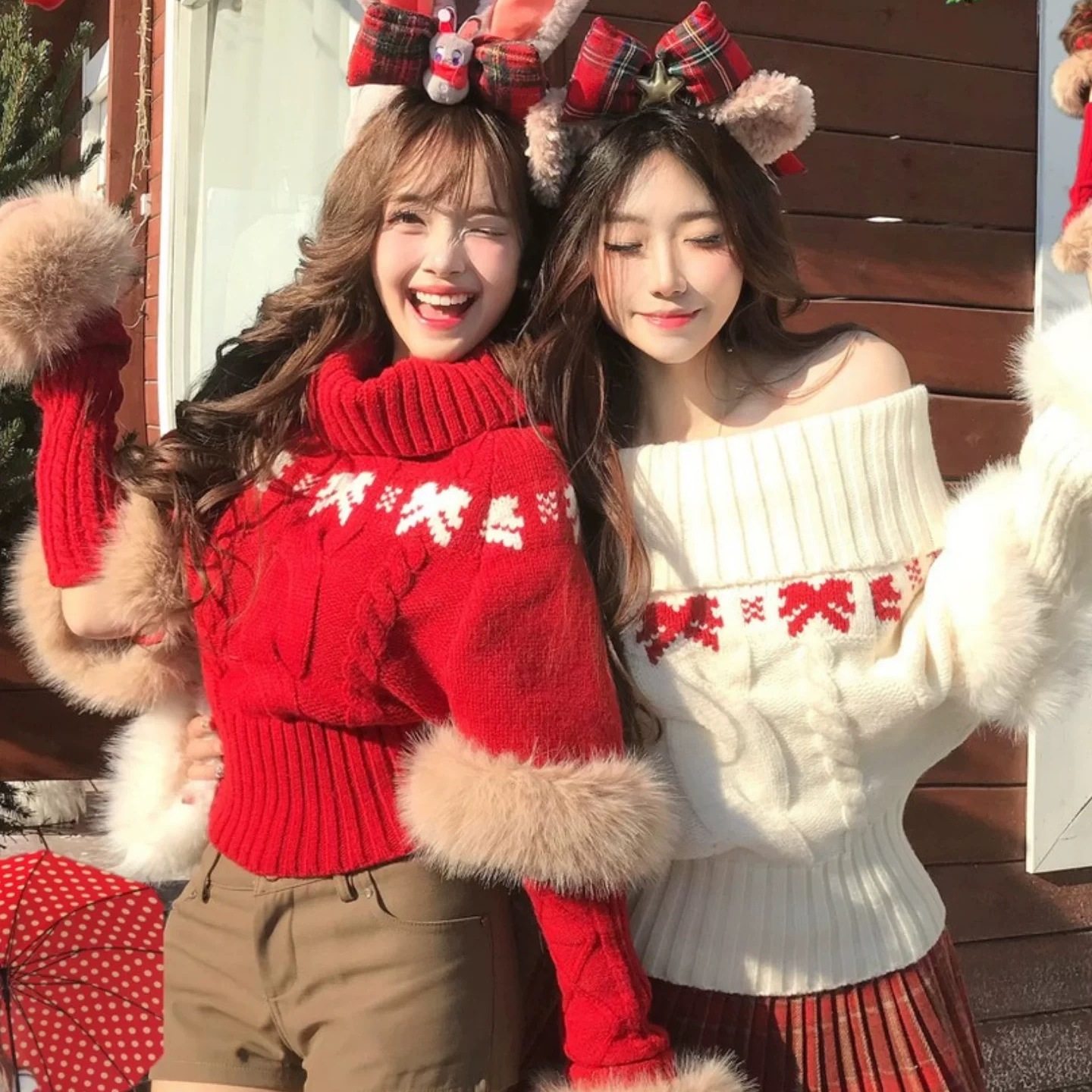 圣诞节费尔岛风一字肩毛衣女秋冬加厚宽松红色针织衫氛围感高领潮