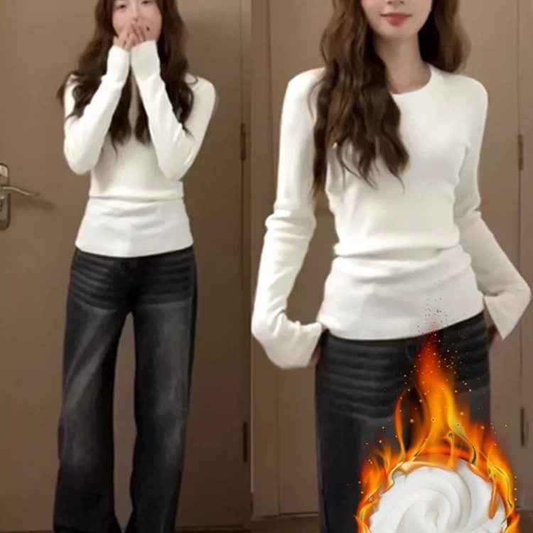 白色加绒加厚内搭打底衫女冬季长袖圆领套头软糯显瘦修身上衣春秋