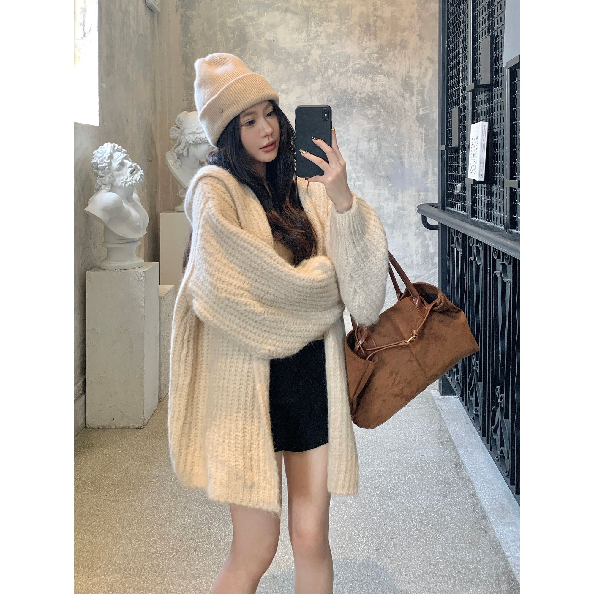 WITHMXBOOM灰灰家慵懒风中长款针织开衫宽松休闲连帽大毛衣外套女