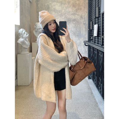 WITHMXBOOM灰灰家慵懒风中长款针织开衫宽松休闲连帽大毛衣外套女