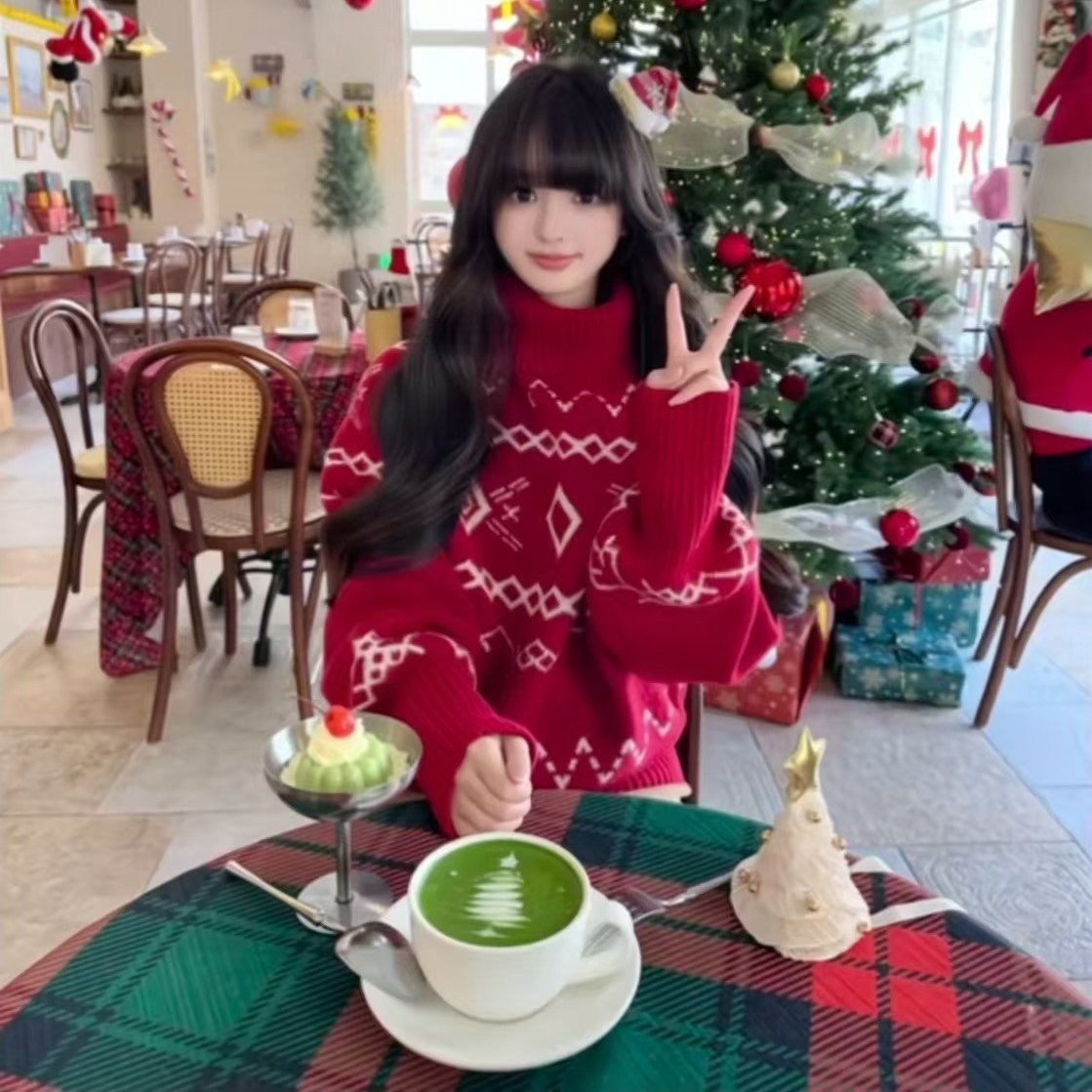 圣诞过年红色氛围感高领毛衣女秋冬慵懒高级感超好看针织打底上衣