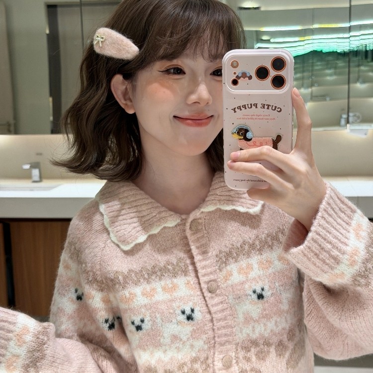 甜美粉色提花小狗针织开衫秋冬季慵懒软糯上衣毛衣半身裙两件套装