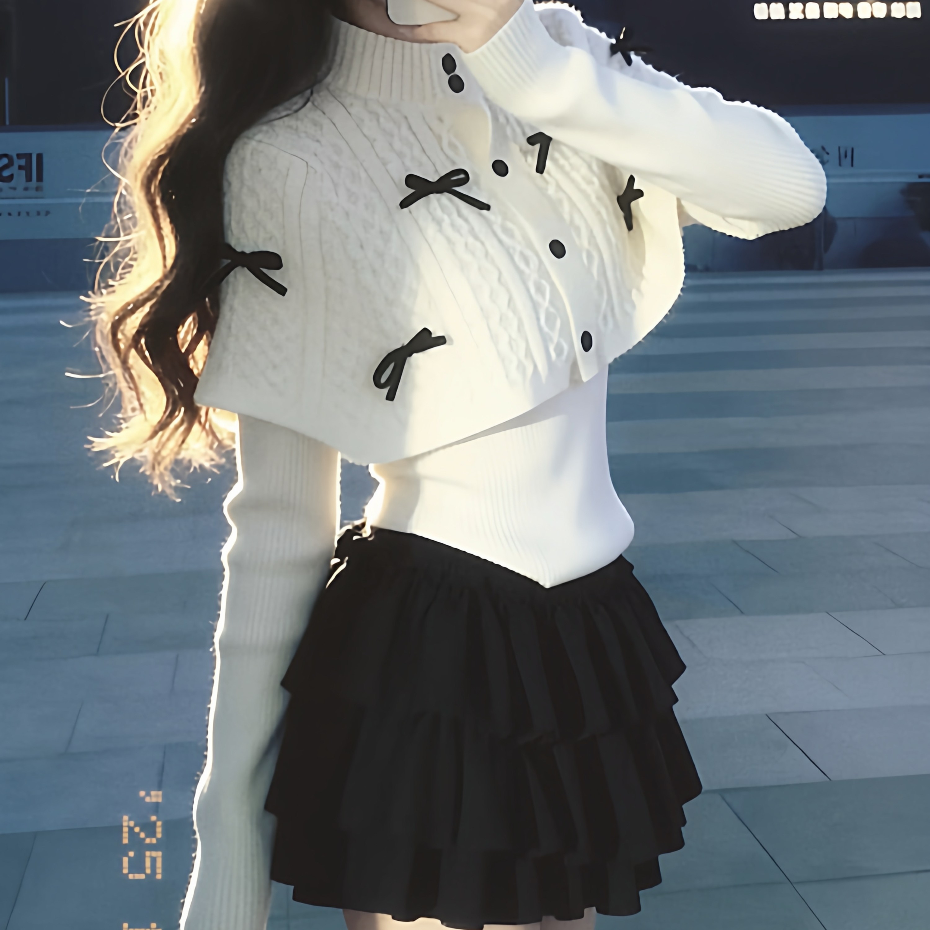 高级感针织衫上衣女秋冬内搭打底韩系蝴蝶结披肩斗蓬毛衣两件套装