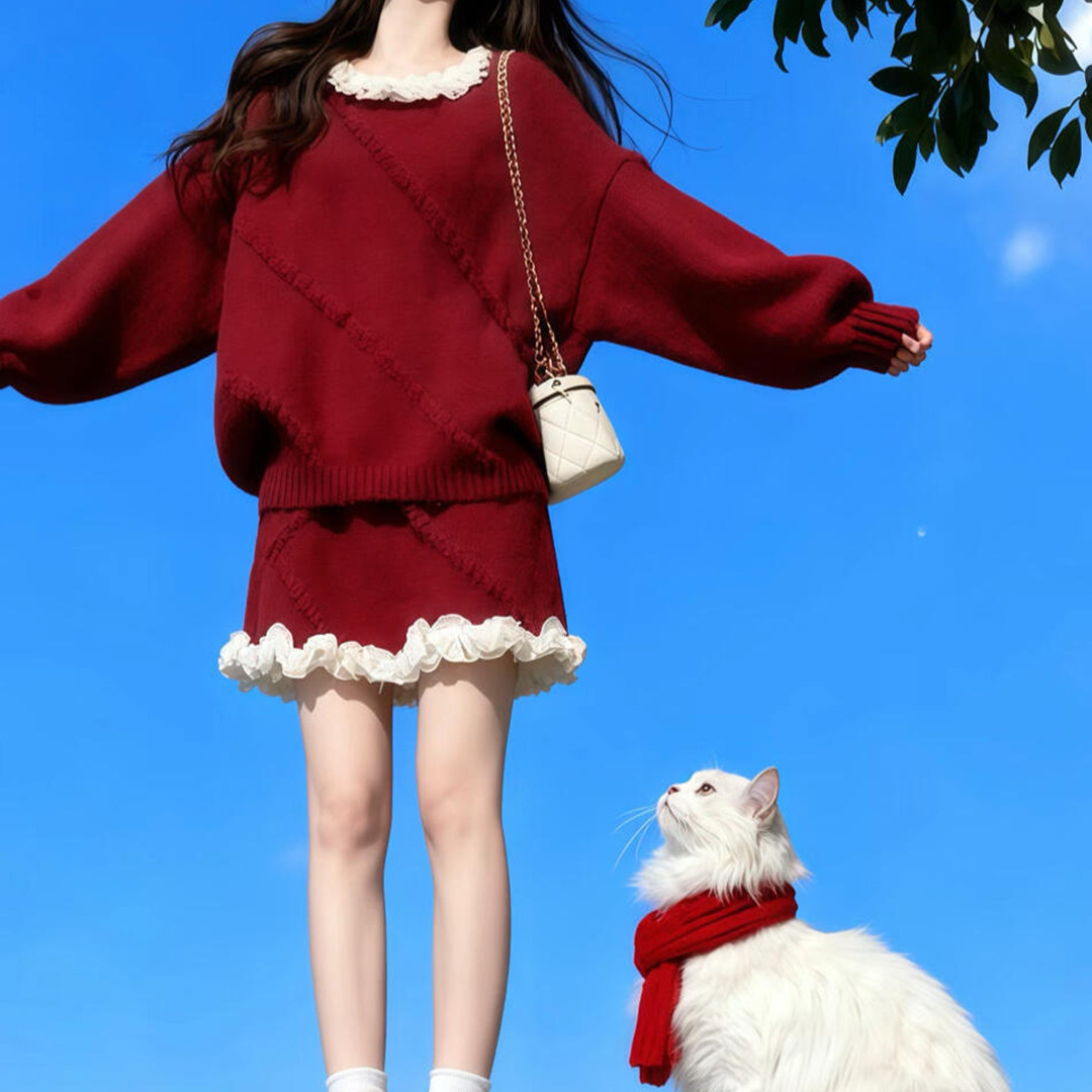 独特漂亮绝美小套装温柔风复古红色针织上衣a字短裙两件套2025冬