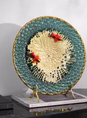 Spatio高档年年有余金鱼摆件客厅玄关电视柜乔迁礼物珐琅彩装饰盘