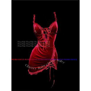 性感摩德丝绒吊带调节开衩深v显瘦露背酒红绑带睡裙 朗姆玫瑰