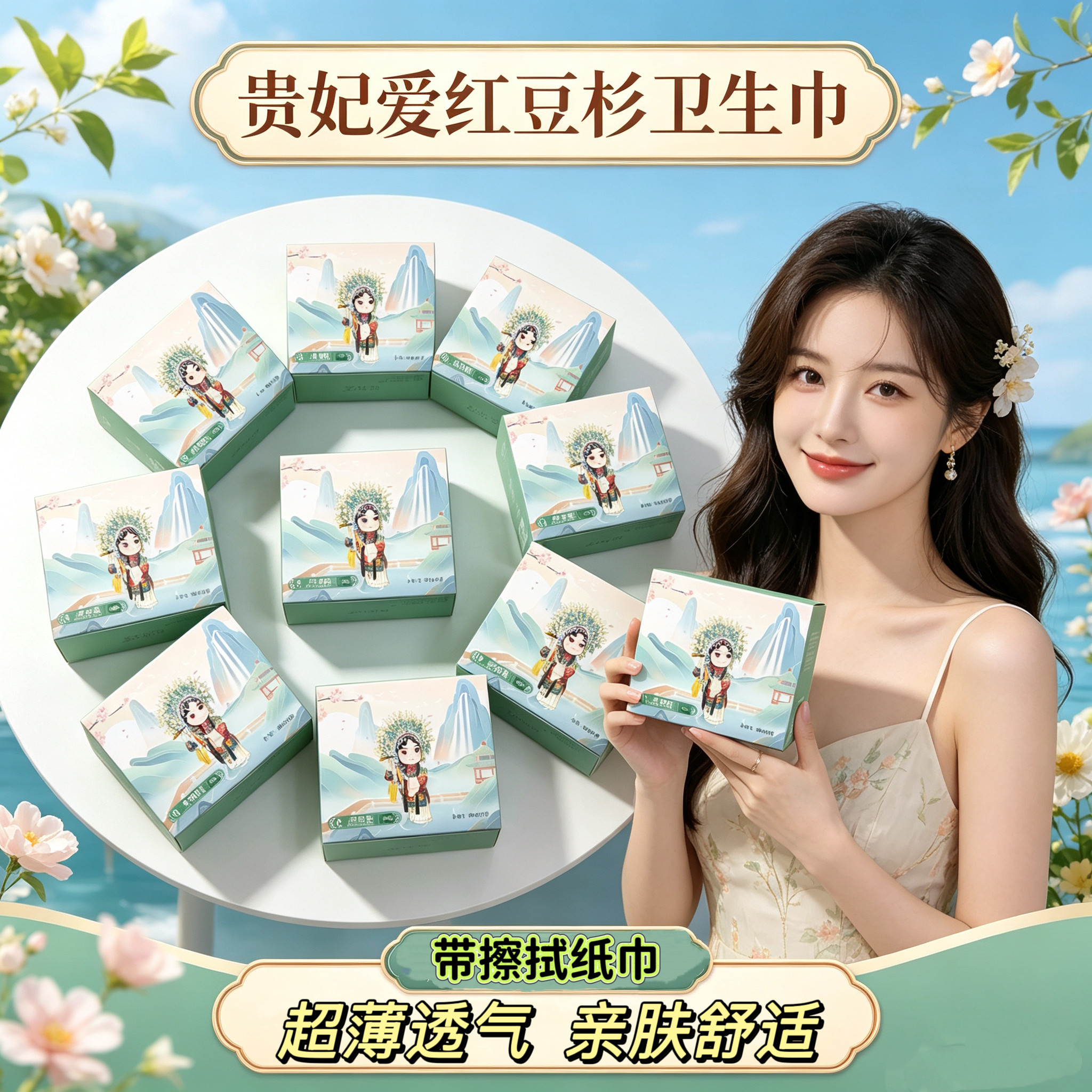 贵妃爱卫生巾日用夜用姨妈巾附带擦拭纸巾透气防漏超薄学生少女
