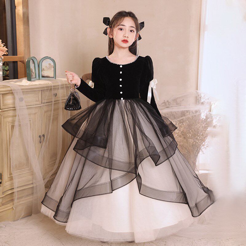 女童晚礼服黑色轻奢小众高端公主裙儿童主持人钢琴演奏演出服冬季