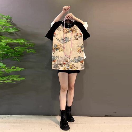 2025新款新中式国风拼接短袖圆领上衣大码女装胖MM时尚印花T恤衫