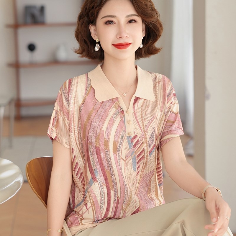 妈妈夏装冰丝短袖时尚套装中老年女真丝翻领小衫宽松休闲T恤上衣