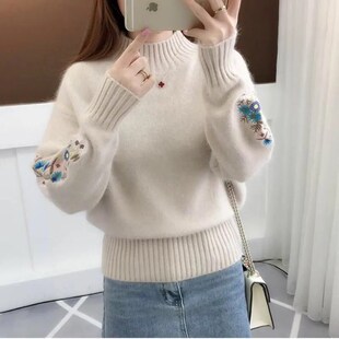 【包芯纱】半高领毛衣加厚女秋冬季短款刺绣花打底针织衫长袖套头