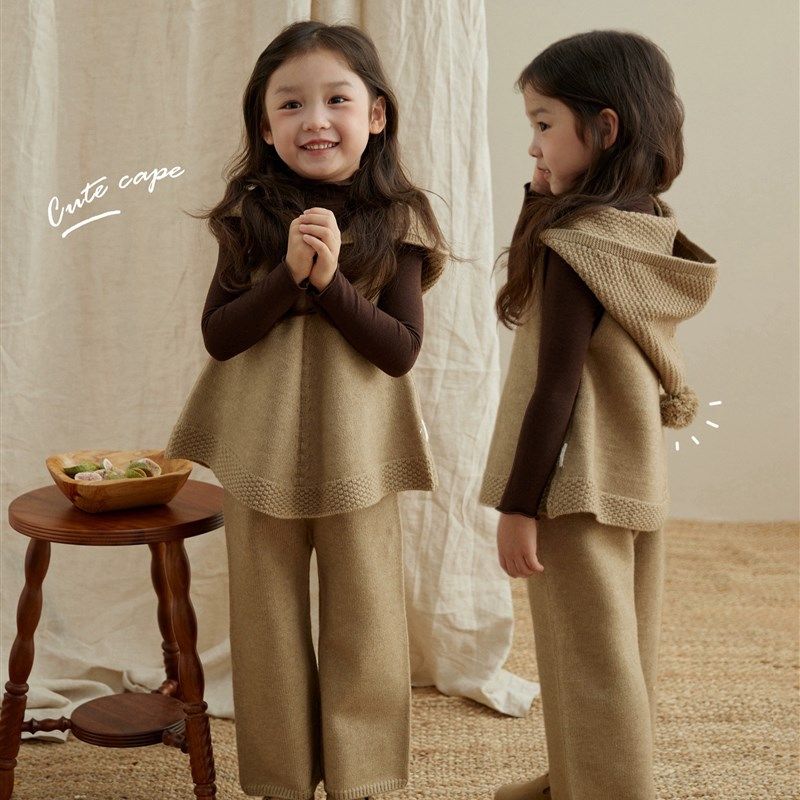 秋冬新款女童连帽马甲毛衣套装休闲韩版儿童针织阔腿裤两件套大童