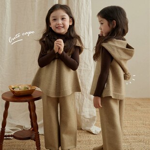 秋冬新款女童连帽马甲毛衣套装休闲韩版儿童针织阔腿裤两件套大童